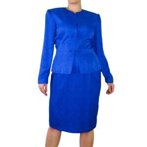 1990s Adrianna Papell Cobalt Blue Satin Two Piece Vintage Skirt Suit Set Large